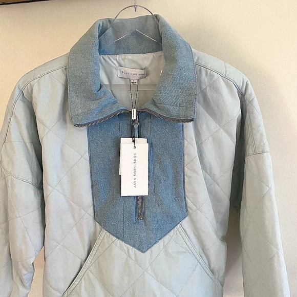 🪞NWT quilted quarter zip collar long sleeve jacket denim blue by something navy - Picture 2 of 4